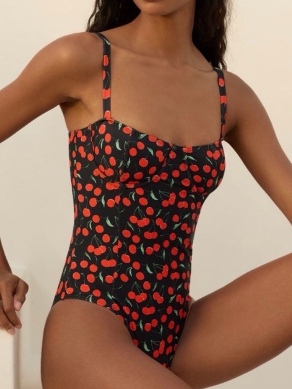 Good America Cherry Print One-Piece Swimsuit - Black with Red Cherries - Picture 2 of 10